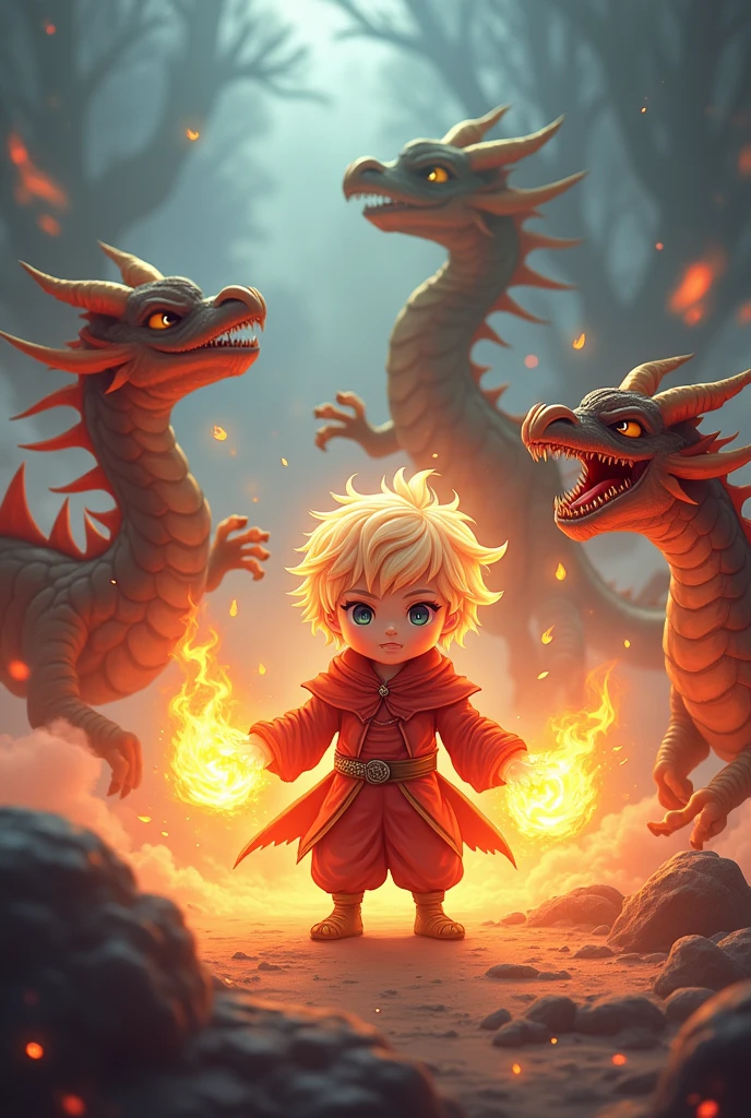 1 boy, teenager, short white hair and blue eyes solo, boy, clothes in orange and blue colors, anatomically perfect body, fairy tail anime style art, epic fight scene, with blue flames, background of a battle with a flying blue dragon