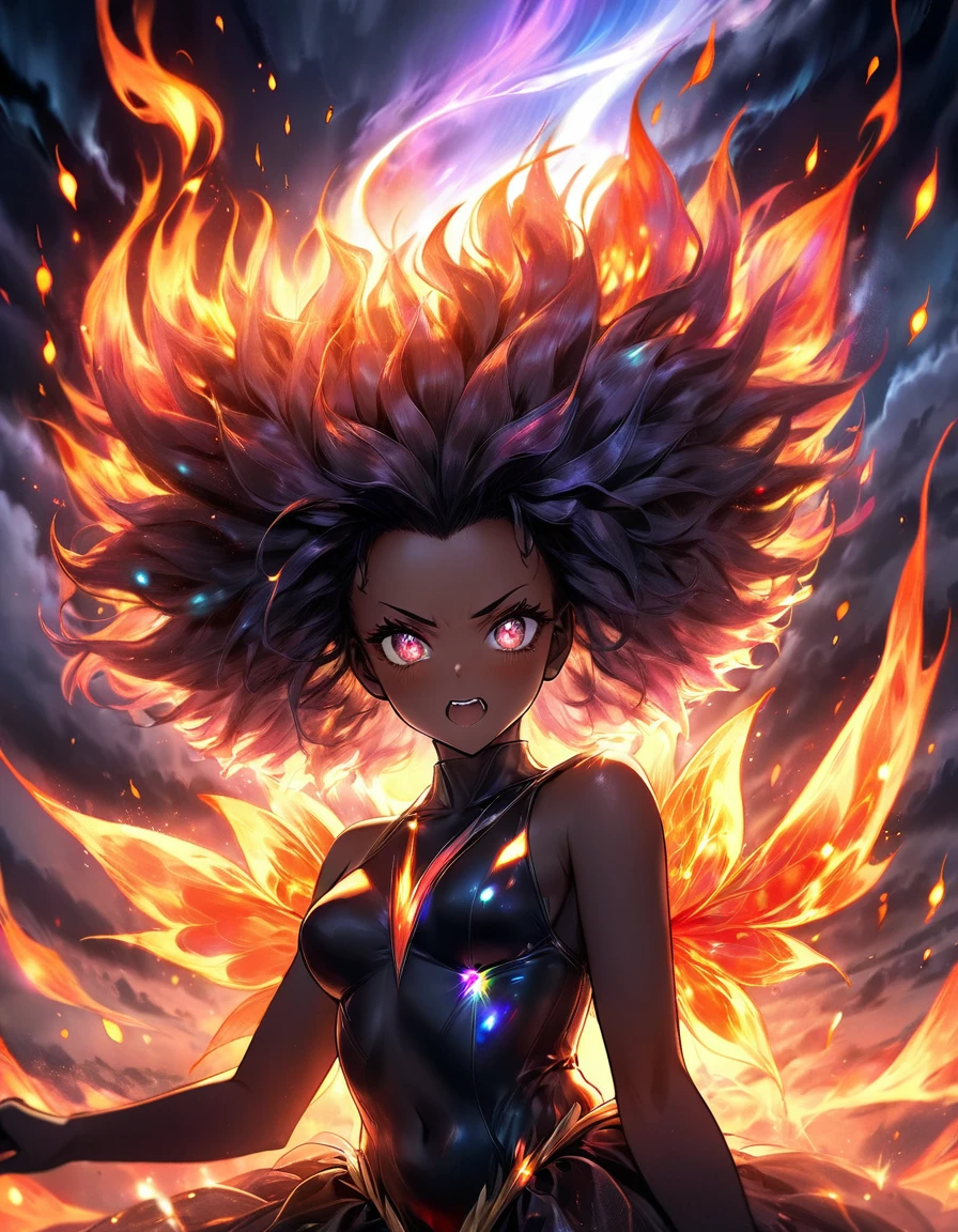 Una preto dark girl Vegeta sexy + Glowing afro girl fluttering between bright dark flames and iridescent vagalumes under a terrifying, dark, and fiery sky. [Image of a glowing fairy between black fog and iridescent lights]