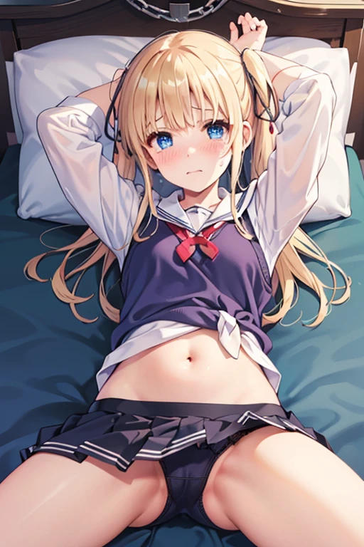 1adult woman,lying on the bed, ((Hands tied together, Arms tied above head, handcuffed)), woman ls Sawamura Spencer Eriri, blonde hair, blue eyes, school uniform, twintails,navy blue skirt, sweater vest, Belly button exposed, Spread legs,panties, Highest Resolution, Highest quality, The woman blushes, woman cried bitterly and tiar drop, from below,