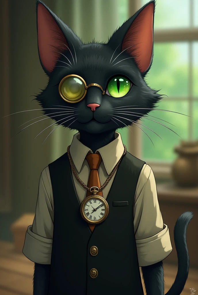 Black cat with green eyes, black hair with green fade, wearing a monocle on the left eye, wearing a classic shirt with a black waistcoast and an old pocket watch with gold pocket chain, furry, furry art, ghibli studio style, studio ghibli style, hayao miyazaki style, ghibli studio