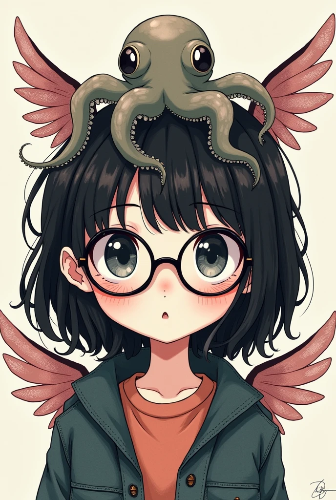 A black haired girl with glasses and an octopus on her head and wings on the side of her head 