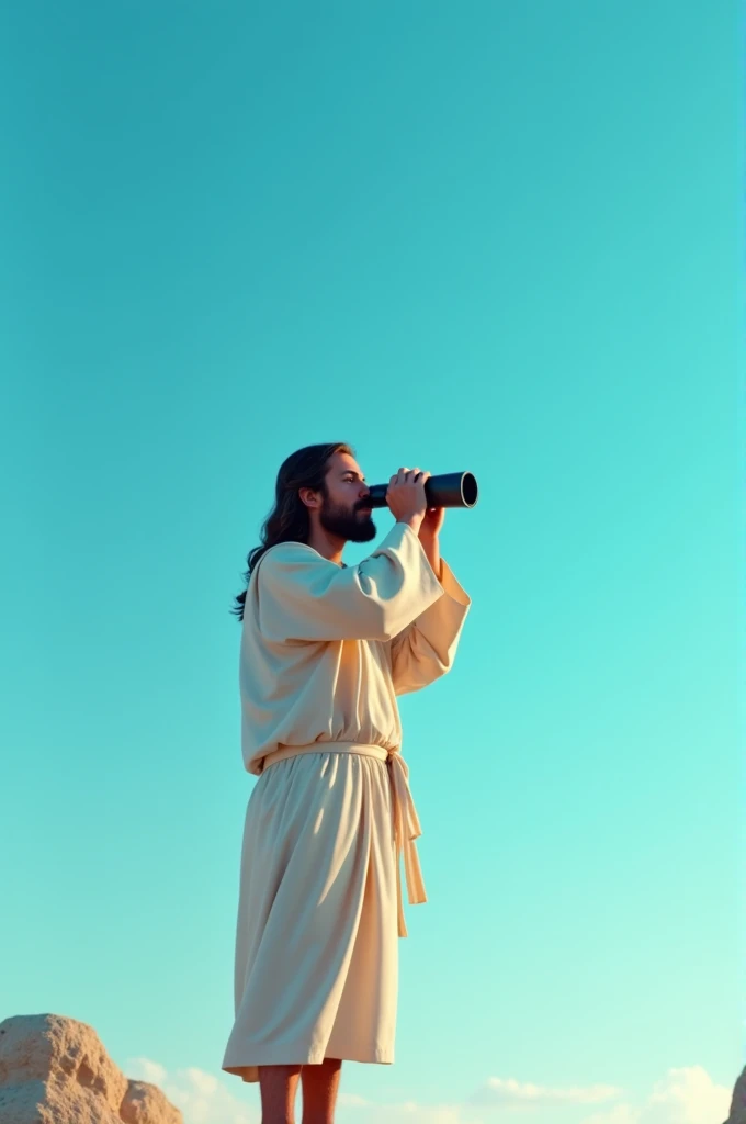 Jesus looking at the horizon with binoculars and behind him there is a blue sky