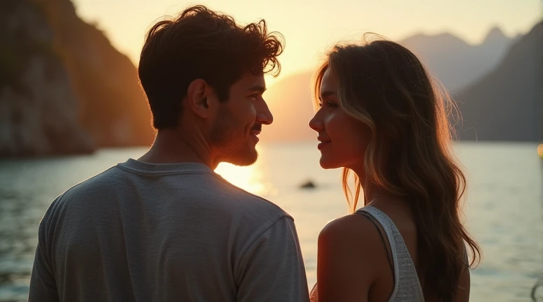 young woman, back to back, talking to a man
