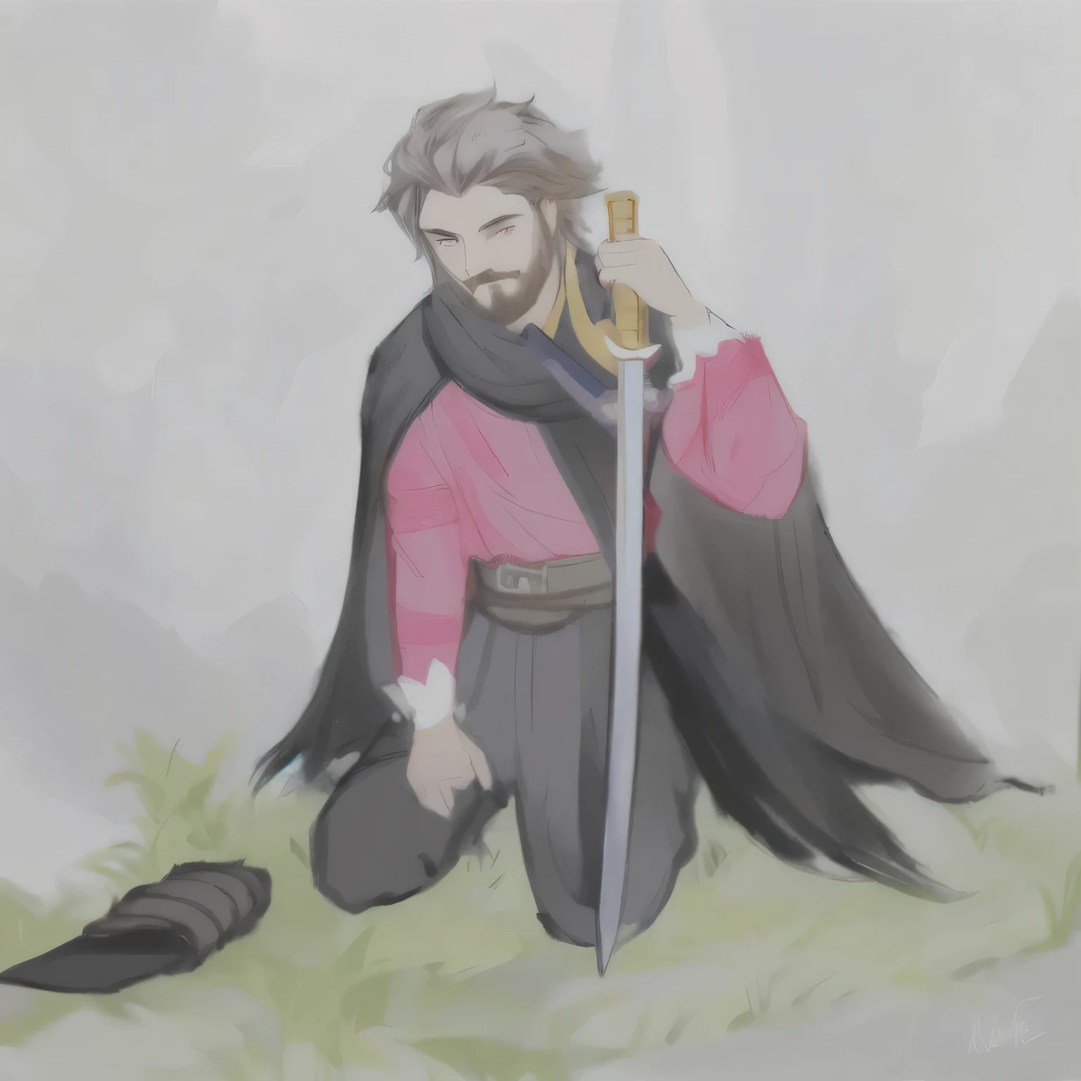 painting of a man with a sword and a red shirt on his knees and a torn black cape,, while holding an epée, inspirado em Robert Walker Macbeth, holding an epée, holds a sword, full colourful drawing, a portrait of the character, holds a sword negra, colourful drawing, as a medieval fantasy character, official fanart, man with scythe, character painting, colourful drawing, inspired by Altoon Sultan