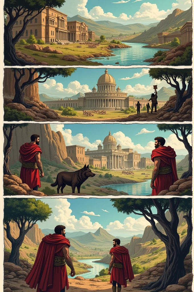 Aqui está uma ideia para uma história em quadrinhos de 5 quadros sobre Romulo e voga, the legendary founders of Rome:
---
**Table 1: O Nascimento de Romulo e voga**
(Description: O rei amulus, cruel and imposing, ordena que os bebês Romulo e voga sejam jogados no rio Tibre. The scene shows a basket floating on the river with two babies inside..)
texto: "amulus, the tyrant, ordena que os gêmeos Romulo e voga sejam jogados no rio Tibre para garantir que eles nunca o ameacem."
---
**Table 2: Rescue by the She-Wolf**
(Description: A majestic she-wolf finds the basket on the riverbank and rescues the two babies. She gently carries them in her mouth to a cave.)
texto: "But fate intervened. A she-wolf found the twins and, with great care, took them to his cave."
---
**Table 3: Creation by the Shepherds**
(Description: A shepherd named Faustulus finds the she-wolf taking care of the boys. Ele leva Romulo e voga para casa, where his wife raises them as children.)
texto: "Fáustulo, a kind shepherd, found the wolf taking care of the children. He took them to his house, where they were raised as human children."
---
**Table 4: The Fight Between the Brothers**
(Description: Romulo e voga, already grown up, argue fervently about where to build the new city. They're on a hill, pointing in opposite directions.)
texto: "The brothers, now adults, they discussed where to found their city. Romulo queria a colina Palatina, enquanto voga preferia o Aventino."
---
**Table 5: The Founding of Rome**
(Description: Romulo, with a solemn expression, raises a sword as he draws the boundaries of the new city. voga, In floor, fallen after the fight between the brothers.)
texto: "The argument led to a tragic battle, onde Romulo venceu e fundou a cidade que chamou de Roma, in honor of himself."
---
Essa sequência de quadros resume a lenda de Romulo e voga de forma concisa, perfect for an educational and historical comic book. If you need illustrations for these qu