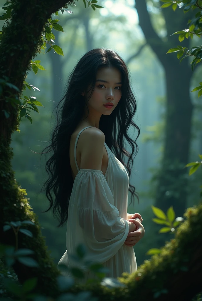Prompt: "Generate an image of a ghostly woman, her form ethereal and translucent, with a gentle, melancholic expression. She should have flowing, wavy hair that seems to drift in an unseen breeze, and her eyes should convey a deep sense of sadness and longing. Her clothing is delicate and wispy, almost blending into the mist that surrounds her. The overall atmosphere is quiet and somber, with soft, muted colors dominating the scene. The lighting is dim and diffused, casting a faint glow around her, adding to the sense of her being between worlds. Despite her ghostly nature, there is nothing frightening about her—only a lingering sorrow, as if she is forever yearning for something lost