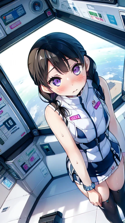 (Highest quality), (masterpiece), 1080P, High resolution, 4K, 8k, Inside the space station、Futuristic room、Thigh straps, Shooting from directly below, The woman on top of me, 白いSweat, Covered , Sweat, Woman looking down, Skirt swimsuit, Thigh-high socks, To achieve this, 16 years old, , whole body, Black leather shoes, Braided hair, Inner Color, Embarrassed face, Short black hair, bracelet, Bedroom,celestial body_Vest