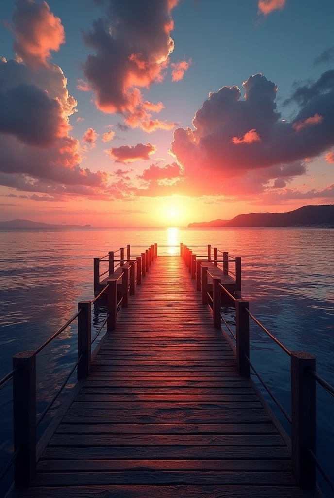 evening、The sea, sky and sunset seen from the pier、Real、Sharp details