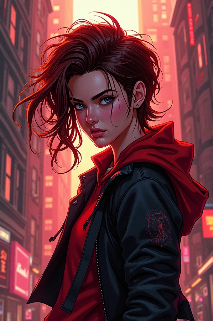 Spiderverse style, with long short hair with red highlights
