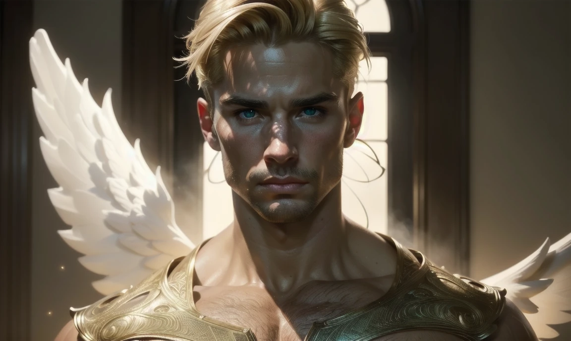 [((highly detailed, detailed eyes, detailed face, clear and realistic facial features, photorealistic, realistic light, cinematic, face and upper chest shown)), (1 man), (((((Gorgeous perfect sexy powerful masculine male angel))))), (((one pair of large wings, showing both wings))), ((faint halo)), ((short blond hair, green eyes)), ((35 years old)), ((wearing flattering angelic clothes)), (((aura of divine power))), standing in a cozy apartment at nighttime, ((light blush)), (((wearing a smoldering indignant expression)))]