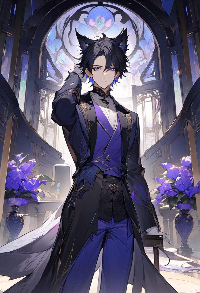 [Main Concept] An ethereal, hybrid character from the donghua "Tian Guan Ci Fu", with the appearance of a man in his 30s.

[Character Description] A male character with wolf ears, short black hair that sticks up slightly. His pale skin and captivating eyes, with mesmerizing purple-blue irises, lend him an otherworldly beauty.

[Setting/Background] The character is placed in a neutral, minimalist setting, allowing the focus to be on the captivating details of his appearance.

[Style and Atmosphere] The overall aesthetic is that of a bedroom with a king-size bed, chair, and PC, with the furniture neatly placed and organized in the room.

[Composition] The character is positioned centrally, with an intimidating pose, drawing the viewer's attention to the intricate details of his face and attire.

 [Details and Embellishments] The character wears elegant, flowing suit-like clothing with a masculine silhouette, highlighting his mature and seductive features.

[Technical Specifications] The image is rendered with a high level of detail and realism, capturing the nuances of the character's expression, textures, and the interplay of light and shadow