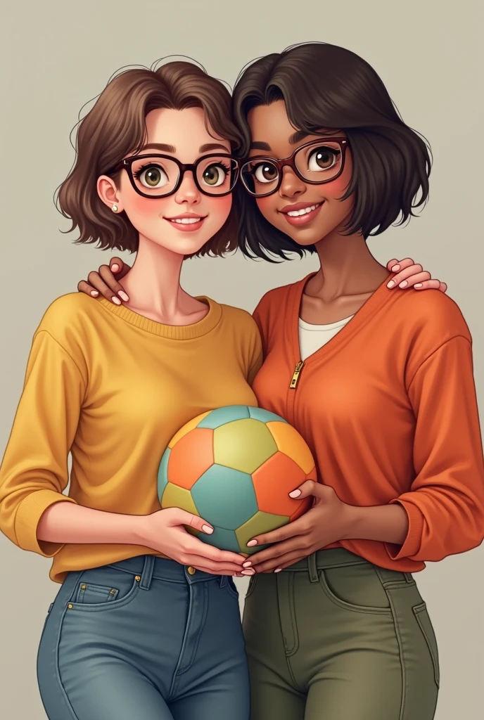 Woman with glasses and short hair, with her friend with a ball in her hand, standing 