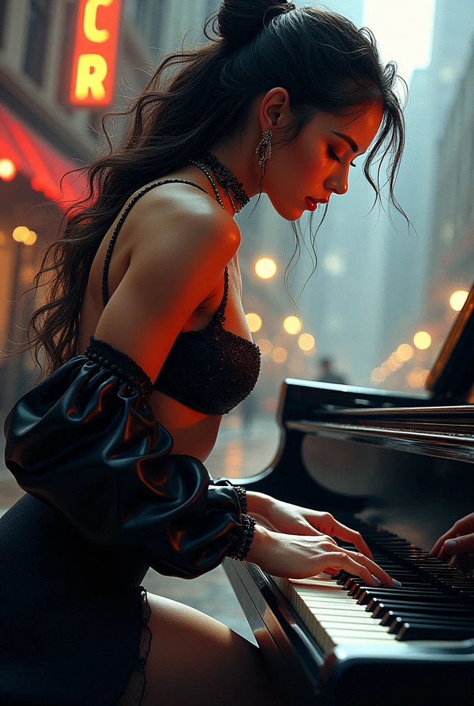 street piano,araffe woman in a bondage singing and playing a piano, a portrait by Wayne England, trending on cg society, arabesque, energetic jazz piano portrait, portrait sophie mudd, pianist, gorgeous woman, photo of the beauty gal gadot, portrait of gal gadot, zoë kravitz, ashteroth, promo image, advertising photo, promotional image