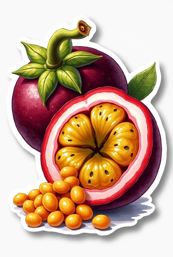 Sticker sheet with passion fruit opened with seeds