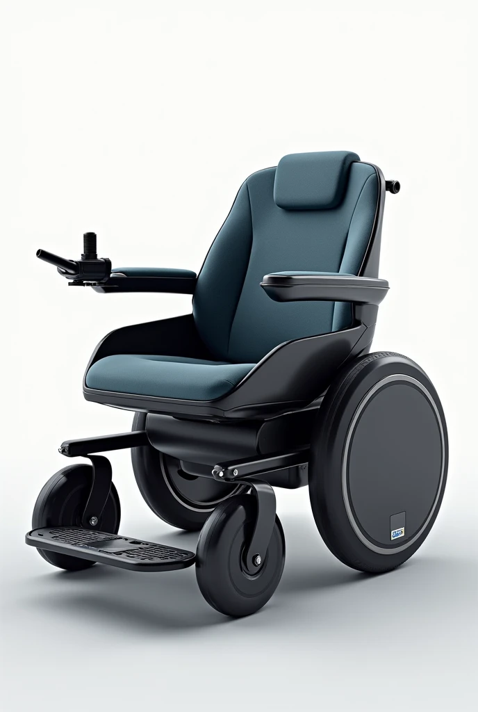 make a wheelchair with the following concepts Structure and Design Seat and Backrest: The seat and backrest are ergonomic and padded, covered with a breathable and resistant fabric, available in several sophisticated colors. The backrest is adjustable, with integrated lumbar support for additional comfort.

    Base and Wheels: The base of the chair has a robust design, with large, smart wheels that automatically adapt to different surfaces. The wheels are made of a durable material and are equipped with sensors to detect obstacles and adjust movement.

    Control Panel: Located on the right armrest, the control panel is a touch-sensitive display that allows speed adjustment, activation of special modes and access to settings. The panel is intuitive and easy to read.

    Armrests and Footrests: The armrests and footrests are adjustable and have an ergonomic design, with comfortable padding. The footrests are foldable and adjustable for easy access.

Sensor Technology and Adaptability: The chair is equipped with motion sensors that allow it to automatically adapt to the terrain, be it flat, irregular or inclined. It also has a stabilization system to ensure safe driving..

    Integrated Application: A Bluetooth connectivity module allows the chair to sync with a smartphone app. The application displays health information, routes, and allows remote control of the chair.

    Lighting and Security: The chair has integrated LED lighting for greater visibility in dark environments. Turn signals and hazard lights are activated automatically to increase safety.

Style and Finish Colors and Materials: The chair frame is made of a lightweight material, such as aluminum or carbon fiber, finished in modern metallic colors, like silver, blackw, or dark blue. The design is elegant, co