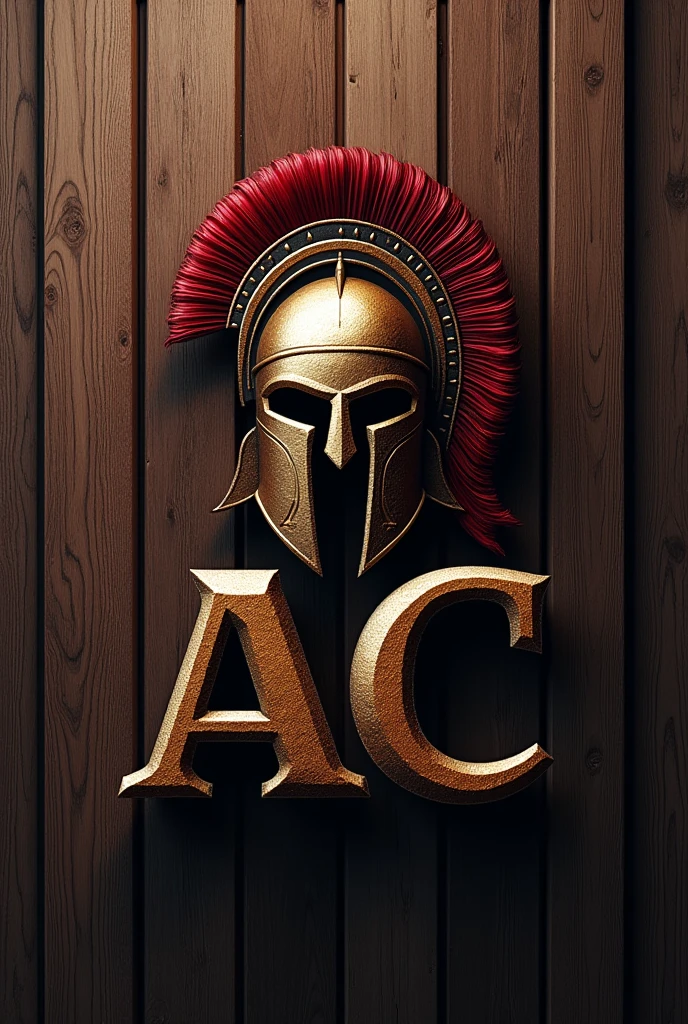 Business Logo with Letters "AC" next to a Spartan helmet with a wooden background