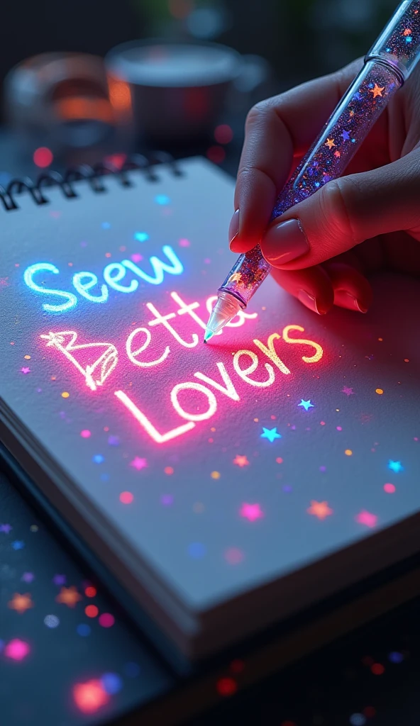 A mesmerizing, hyper-realistic 16K 3D illustration captures a magical moment of pure creativity. A talented artist is masterfully sketching a heartfelt message, "BEttaLovers-- Jin -- Rm --Suga -- Jhope -- Jimin -- V -- Jungkook. ", in a notebook. The text is composed of vibrant, color sepia stars that smoothly transition through the entire spectrum. The artist's hand, holding a transparent pen filled with radiant stars, is detailed exquisitely, symbolizing boundless creativity and imagination. The background is a three-dimensional sketchbook setting with scattered throughout, adding depth and dimension to this captivating, graffiti-inspired scene. The illustration radiates energy, movement, and vibrant colors, making it a true work of art that celebrates creativity and imagination., gra, cinematic, vibrant, graffiti, painting, typography, product, illustration, photo, 3d render, fashion, dark fantasy