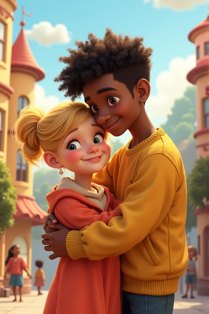 Create Disney Pixar cover of a chubby white girl with short blonde hair, and a tall, skinny, dark-skinned boy with curly hair hugging each other