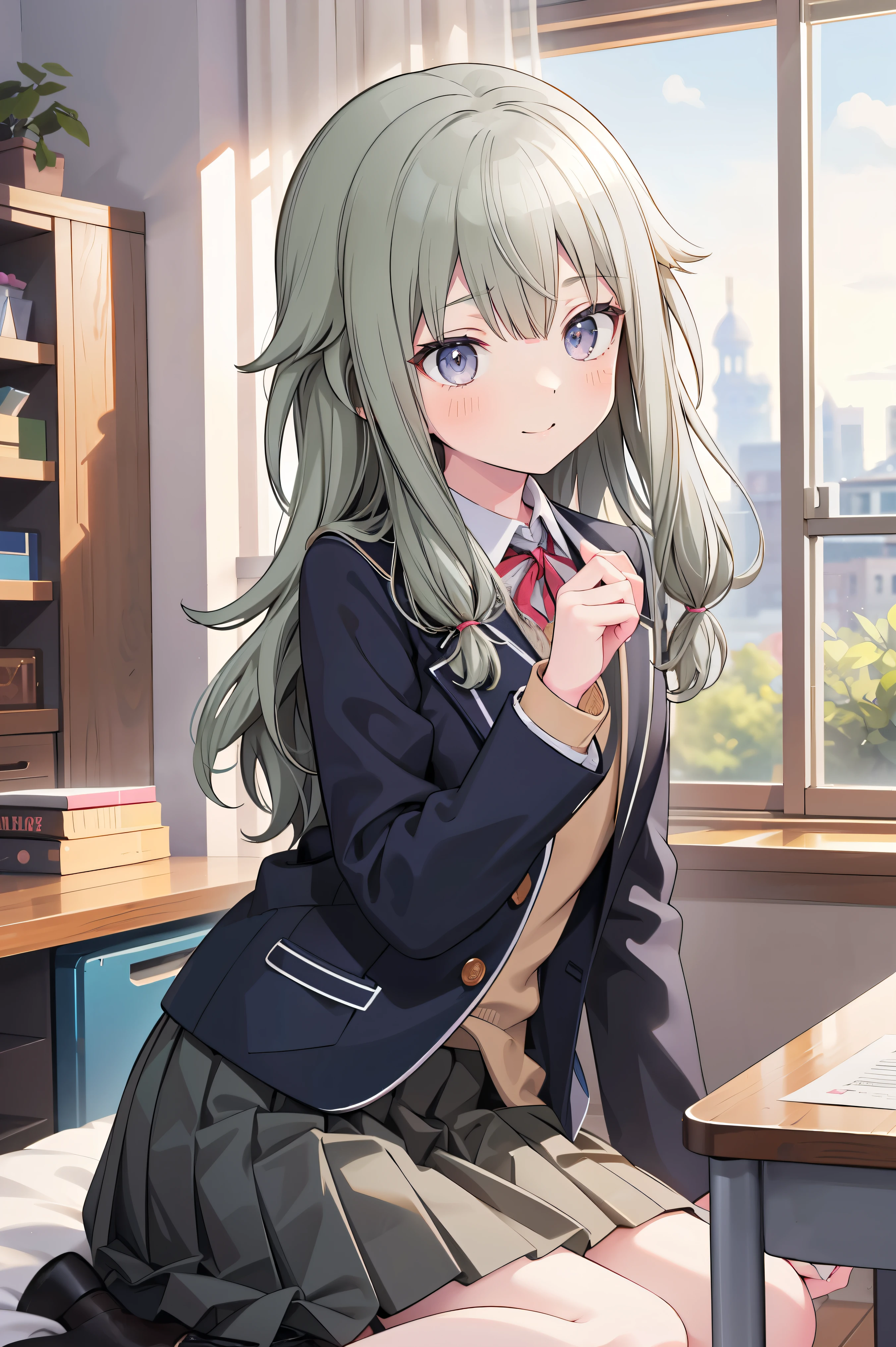 (8k, 最high quality)、Ultra-high resolution、adorable、最high quality, beautiful, (((Absurd beauty)))、masterpiece、Best image quality、(Front facing)、good feeling、smile,Face the camera、Delicate eyes、smile、Small face、girl、1 person、masterpiece, Most detailed、school uniform、blazer、high quality、wave hands、Shiny Hair、Very fine and beautiful bright eyes、Medium chest、nose blush、Very detailed, clear and beautiful face, Awards, (Anatomically correct)