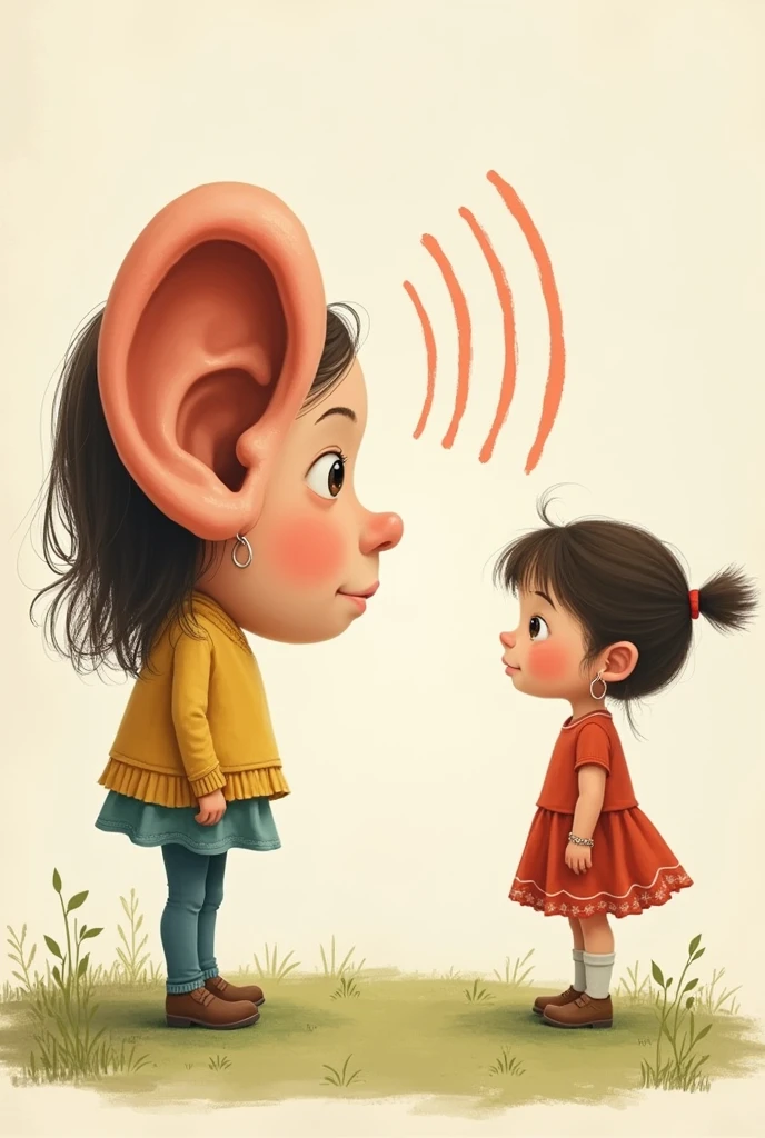 Drawing of a girl leaning forward, paying attention while another child talks, add a large ear with sound wave symbol near the child's head to emphasize the act of listening.