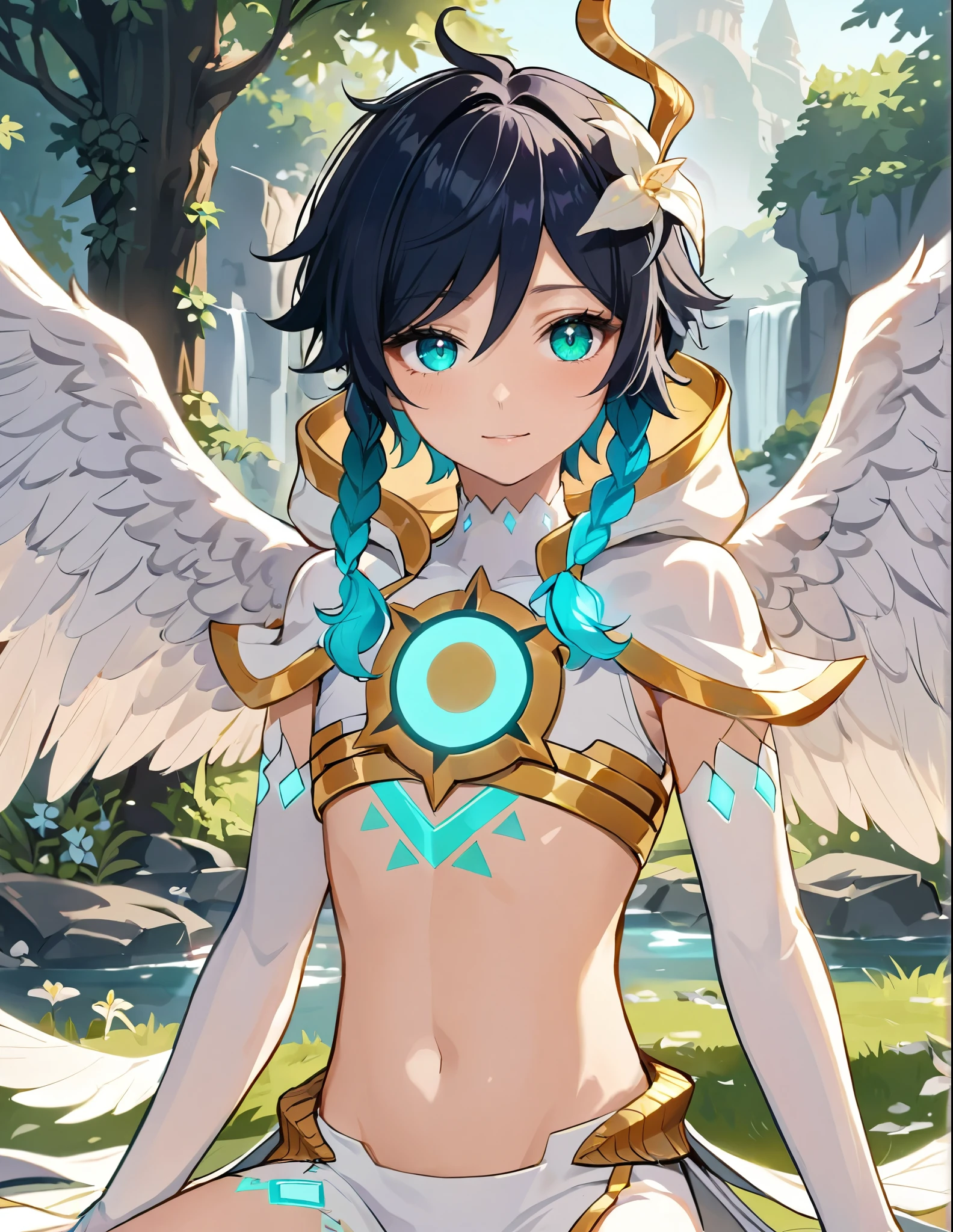 (masterpiece,best quality,4k,8k,absurdres:1.2),agahari,aoi nanase,sharp and clear,blue slit pupils, green eyes, perfect face, 1boy, flat chest,venti_\(archon\)_\(genshin_impact\),bare stomach,graceful,(face focus,detailed_eyes),gradient_hair,chest_tattoo,(thigh_tattoo left thigh),flirtatious,seductive,dsmile,large fluffy angel wings,otoko no ko,(single_thighhigh right thigh),holy,divine,genshin landscape,mondstadt,cecilias,pixiv fantasia,angelic,iridescence