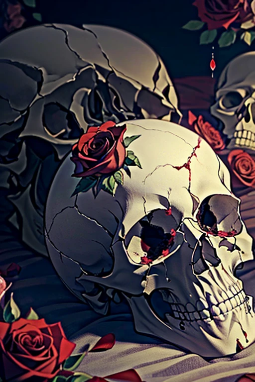 (masterpiece, 8k, 4k, super detailed, higres, accurate, best quality), (skull lying on a bed of roses), blood coming out of eye sockets like tears, (crying skull:1.4)
