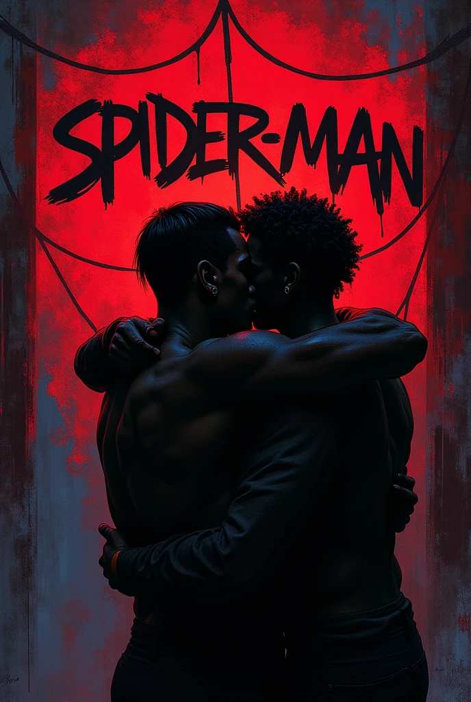 A red net wrote spider man at the night and the shadows of two black guys kiss, one with a straight hair and the other with kink hair.
