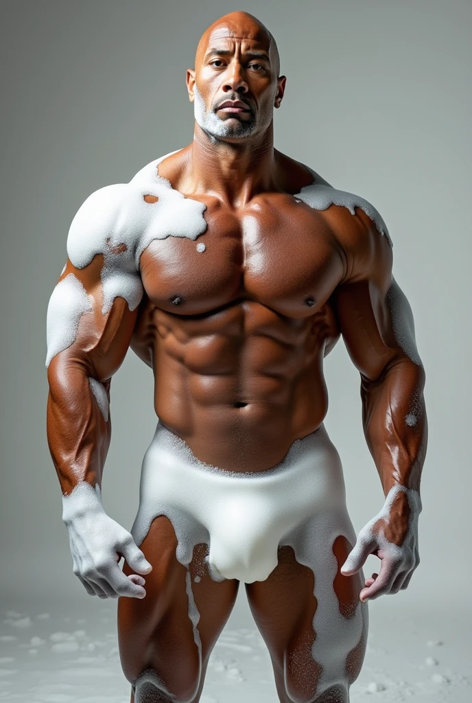 Dwayne Johnson, completely naked and without clothes, full body, with a lot of spongy soap foam almost all over the body, shoulders, abs, and naked crotch, without wearing any underwear, just spongy soap foam on his body, lots of spongy soap foam on the naked crotch, still showing the legs