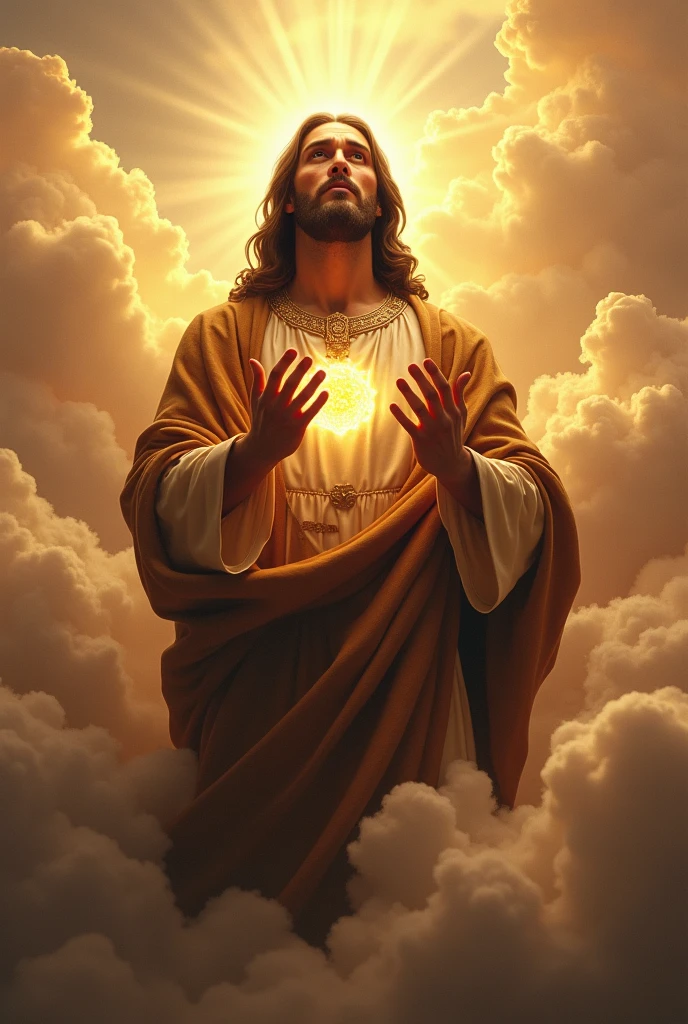 (photorealism:1.2), handsome Jesus Christ, crying while praying in the clouds, wearing brown king clothes with light in his head and heart spreading all over in the clouds, perfect Jesus Christ, real Jesus Christ, perfect five hands, perfect crying face, elegant, soft lighting, many clouds, stand straight, realistic, intricate details, warm colors, by Earl Cornelio Necor