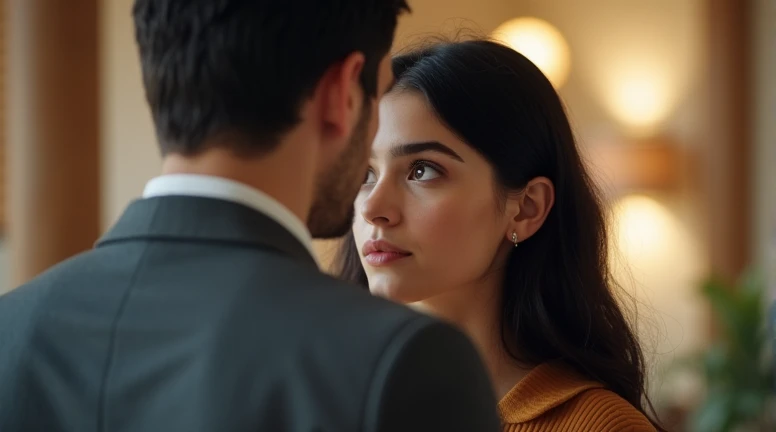 young woman with dark hair, back to back, talking to a man