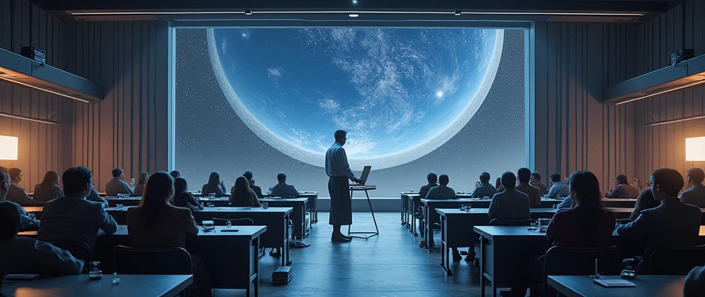 Three-dimensional world, extraterreste,Show the future educational landscape, Virtual classrooms are available, Mentor of Wisdom, and the potential for interstellar learning. 8k