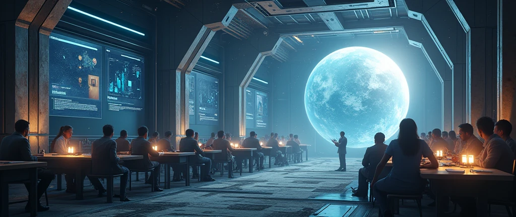 Three-dimensional world, extraterreste，Show the future educational landscape, Virtual classrooms are available, Mentor of Wisdom, and the potential for interstellar learning. 8k