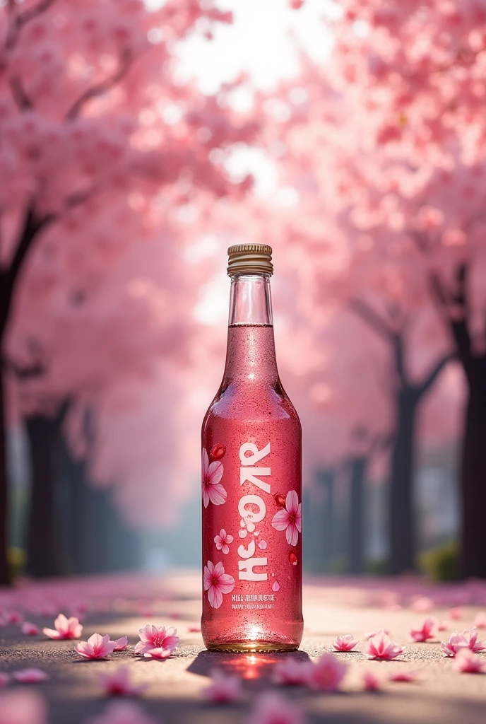 Logo for chicha bottle with the name sKaRe, inside a street full of cherry blossom trees