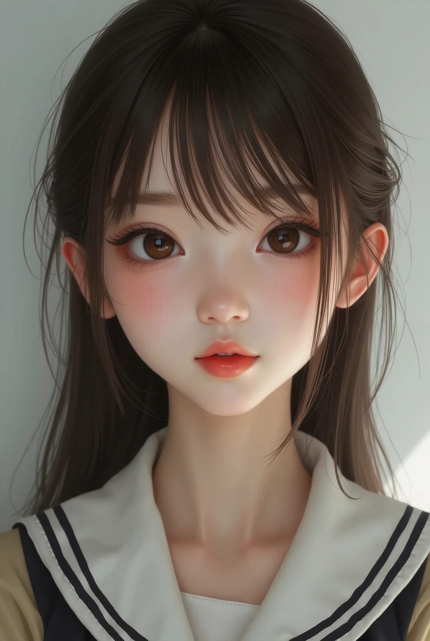 realistic woman pictures, Amazing face and eyes, highly detailed Beautiful face, brown straight hair, Bangs, big brown eyes, pale skin, slim, pale skin, (hi-school uniform, miniskirt), fine face, realistic, detailed depiction, Ultra-detailed, realistic pictures