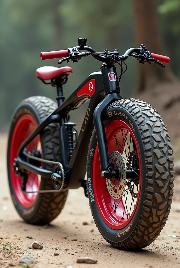 I want you to design a bicycle that has 2 wheels in the back but those 2 wheels have 2 chains that give strength to each 2 Pears separately and that the tires are wide and red