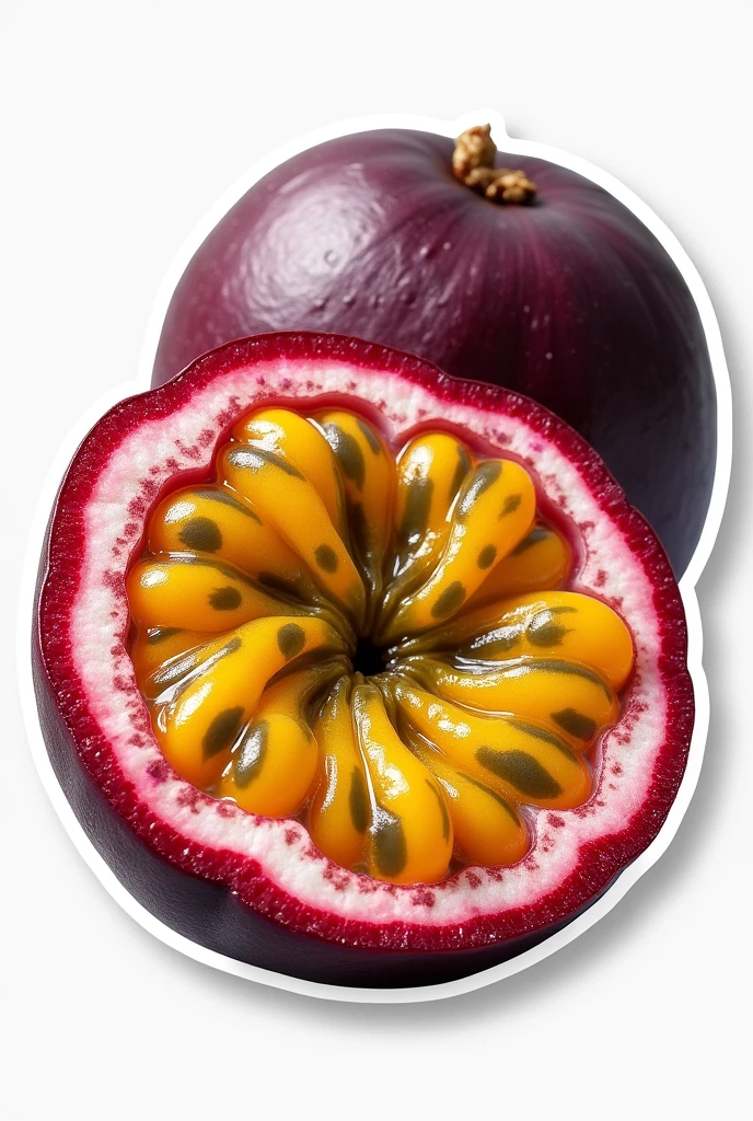 Sticker sheet with open passion fruit with seeds in a more realistic photo