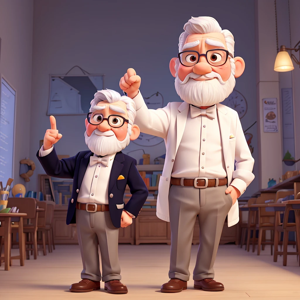 Full-body image, pointing your finger up, pixar character, little man, looking straight ahead, pointing with the finger, raised arm, very serious, 70 years old, he has a white beard, white mustache, White hair, teacher, wearing white coat and bow tie, wear glasses, hands up.