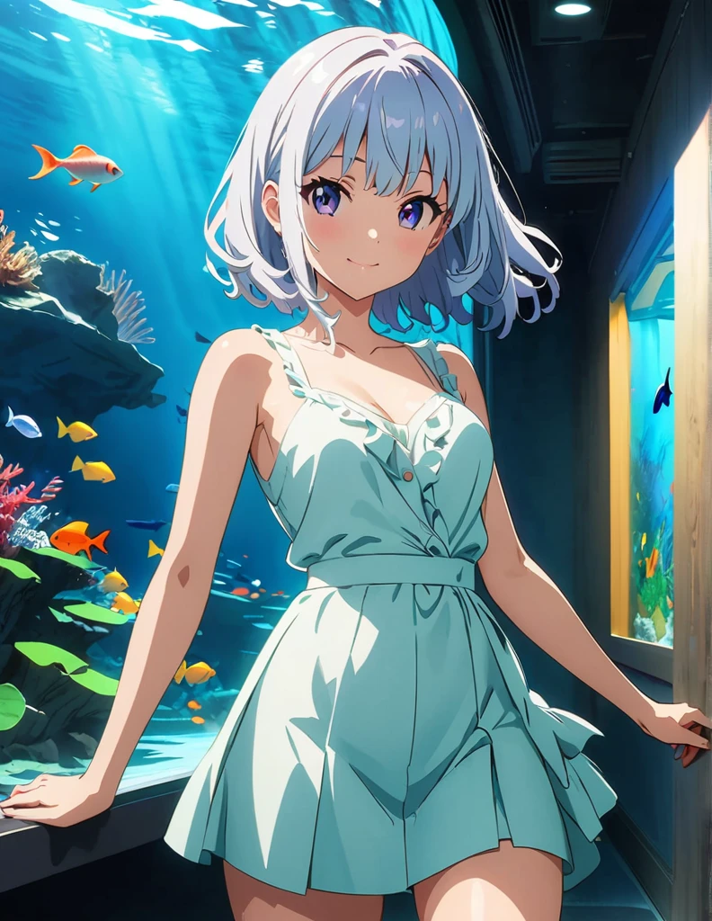(anime artwork, anime style, studio anime, very detailed, up to date, vibrant, Anime Coloring, high contrast, masterpiece:1.2, best quality, best aesthetics),1 girl, Medium chest, A glimpse of thighs,happy,aquarium,light smile, summer clothes,