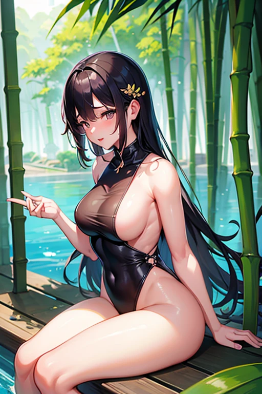 Kizi, Woman,bared shoulders, (ecchi0.5), lips, water splash, (Trees:0.5), (flowers:0.6) ,(birds:0.2), (bamboo0.1), lakes, Hangzhou, bonian, bonian in background   olhando para o visualizador 