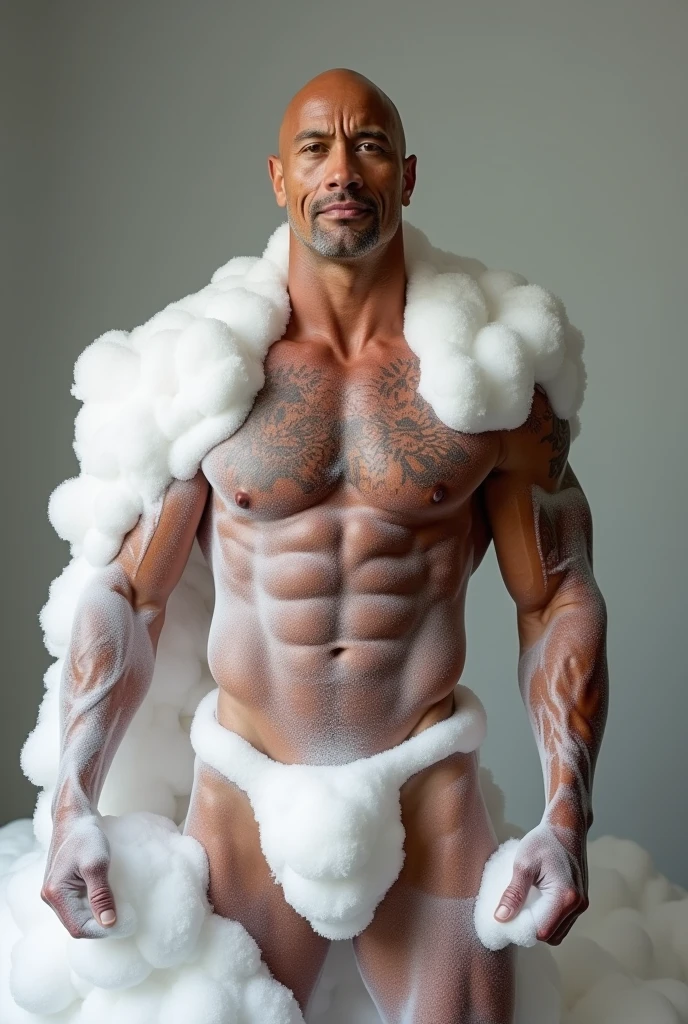 Dwayne Johnson, completely naked and without clothes, full body, with a lot of spongy soap foam almost all over the body, shoulders, abs, and naked crotch, without wearing any underwear, just spongy soap foam on his body, lots of spongy soap foam on the naked crotch, still showing the legs