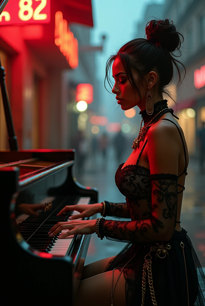 street piano,araffe woman in a bondage singing and playing a piano, a portrait by Wayne England, trending on cg society, arabesque, energetic jazz piano portrait, portrait sophie mudd, pianist, gorgeous woman, photo of the beauty gal gadot, portrait of gal gadot, zoë kravitz, ashteroth, promo image, advertising photo, promotional image