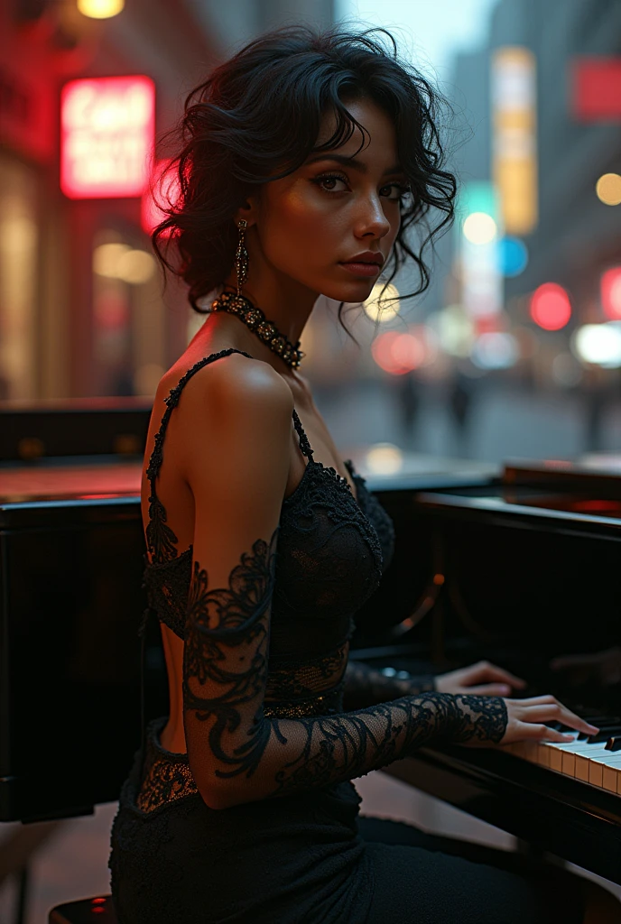 street piano,araffe woman in a bondage singing and playing a piano, a portrait by Wayne England, trending on cg society, arabesque, energetic jazz piano portrait, portrait sophie mudd, pianist, gorgeous woman, photo of the beauty gal gadot, portrait of gal gadot, zoë kravitz, ashteroth, promo image, advertising photo, promotional image