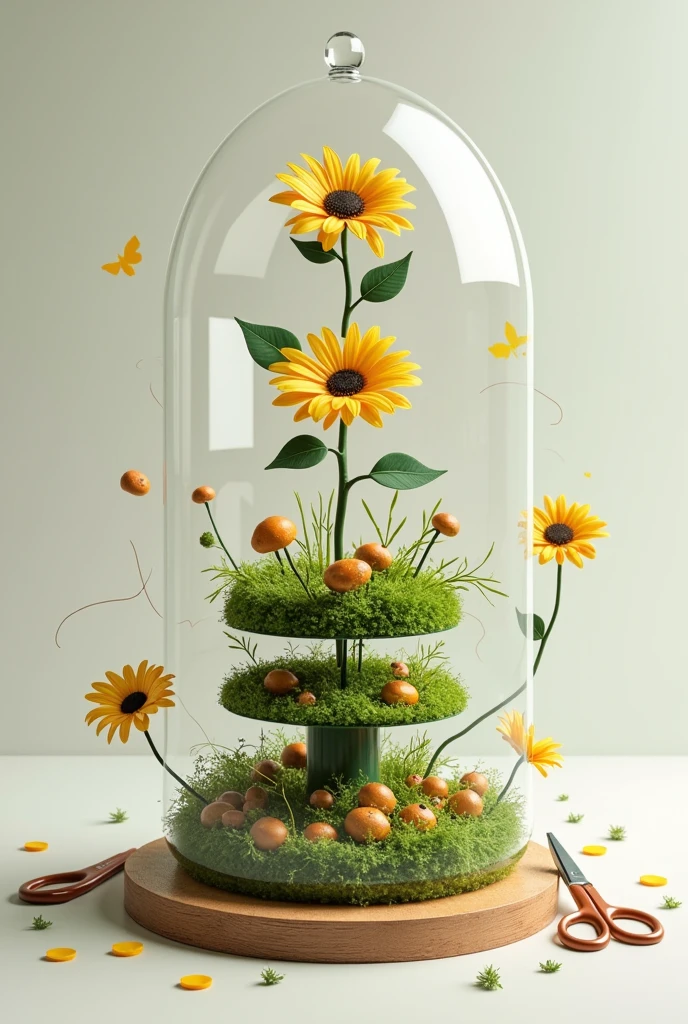 I want the following from bottom to top a round wooden base, a 4cm high bed simulating grass, a stemless sunflower looking up with leaves around it and a bell-shaped dome on top, all in exploded view. Additionally, around it are scissors., flower color fabric ribbon,silicone gun with its silicone rods