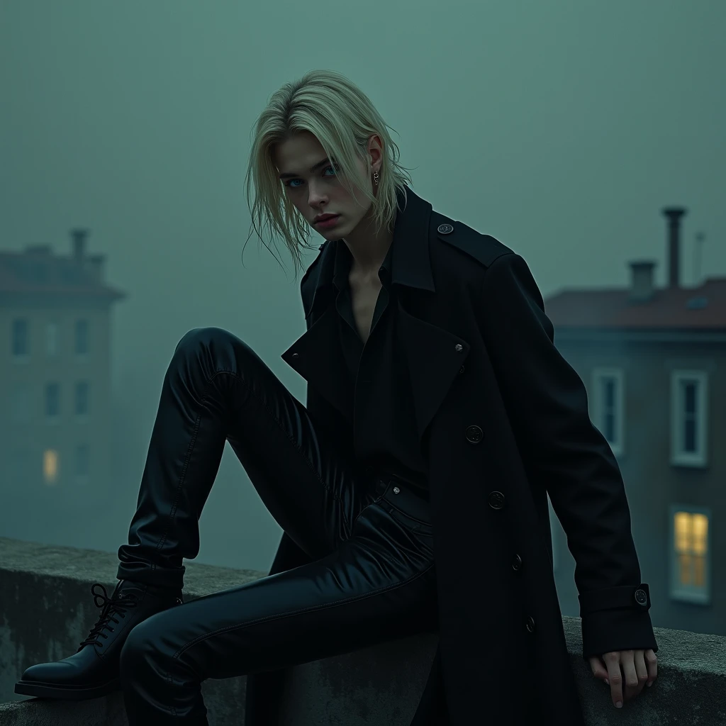 A sexy young male with teal blue eyes and long blonde hair, with a nice and delicate facial features, he is wearing a black trench coat and shiny black leather jeans. His skin is pale and white, and he's smoking a cigarette while leaning back on the edge of the rooftop. He is looking unhappy. (Male) (Black and purple) (Make it realistic) ((no facial hair)) ((no body hair)) ((gloomy atmosphere)) (smoky atmosphere)) ((masterpiece)) (gloomy) ((detailed)) ((not looking at the camera)) (((NO facial hair or body hair)) (He looks like he's about to jump)