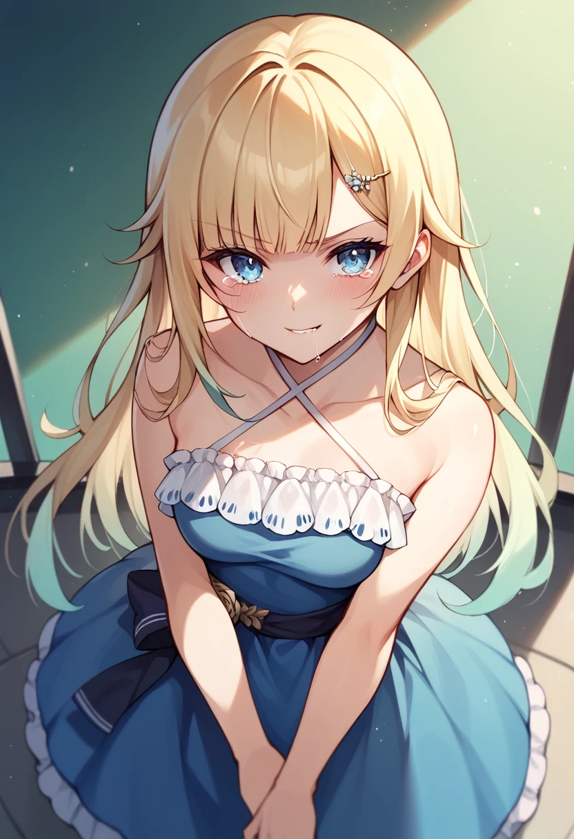 (score_9, score_8_up, score_7_up, score_6_up, source_anime)1girl, aizawa1st, smile, looking at viewer, standing, long hair, blunt bangs, hairclip, hair flower, frills, blue dress, halter dress, frilled dress, sleeveless dress, criss-cross halter, blush, worried, (small breasts) looking at viewer, facing viewer, from above, (biting own lip,annoyed,angry,tears,crying,crying with eyes open,)