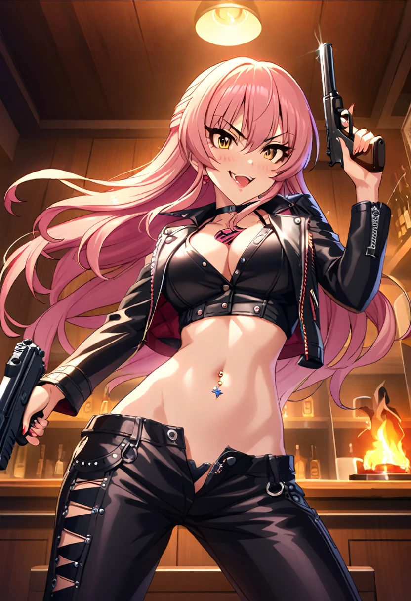 mika jougasaki, 1girl, pink hair, solo, yellow eyes, seductive smile, blush, lipstick, long hair, Hot girl, baddie, staring, glaring, bad attitude, mean girl, dare, angry, hate, crazy, smoking, bar background, inside bar, indoor,smile, masterpiece, best quality, highly detailed, a girls with a gun, evil smile , open mouth, sexy gaze, badass
pose , evil smile, smile, (nsfw) not safe for work, guns blazing, anime girl with long hair, beautiful long
haired girl, navel, evil expression, exposed belly, exposed navel, exposed midriff, exposed lower belly,
long black pants, crop top, cleavage, unbuttoned leather pants ,open fly, low rise black leather pants,
leather jacket, holding a gun, holding pistol, navel piercing