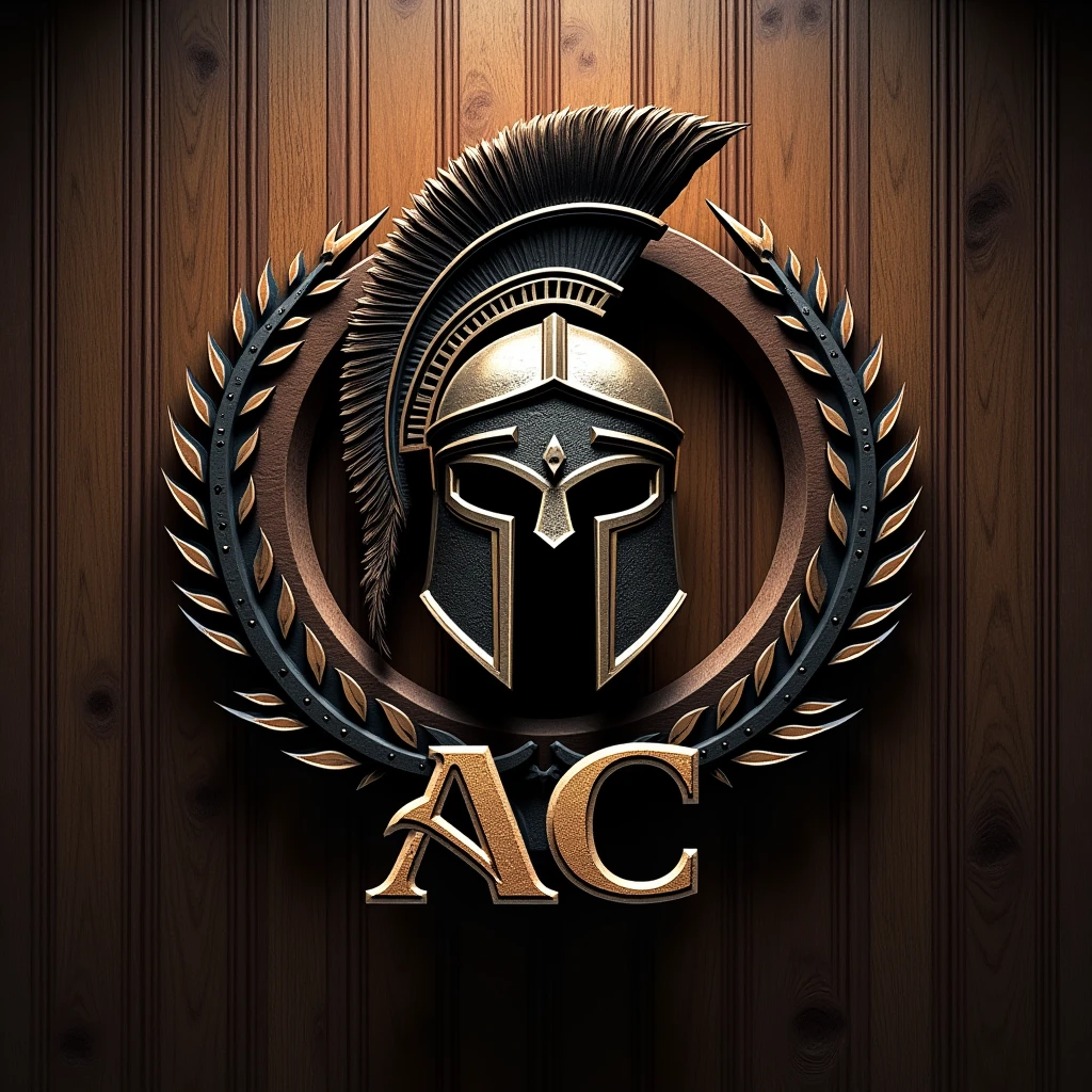 Business Logo with Letters "AC" next to a Spartan helmet with a wooden background