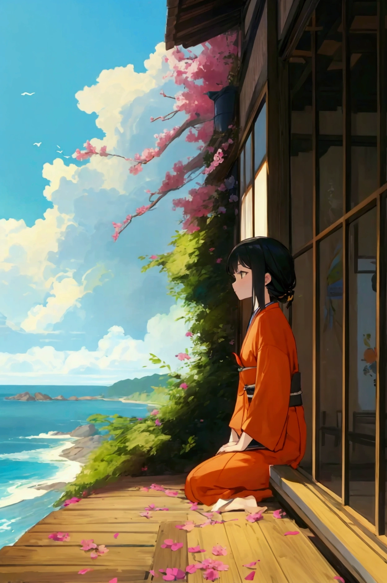 peaceful scene on a coastal road, probably in a rural Japanese setting Setting : A sloping road down to the sea, with a security fence on the left and a green hill on the right. Side view angle Ambiance : The sky is clear and the ocean is a deep blue, creating a serene and summery atmosphere.