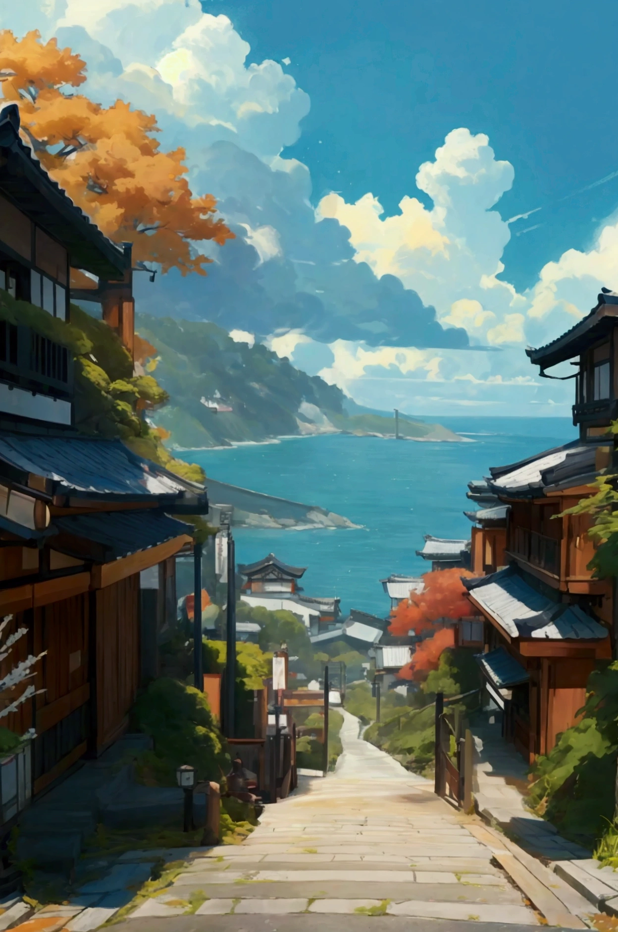 peaceful scene on a coastal road, probably in a rural Japanese setting Setting : A sloping road down to the sea, with a security fence on the left and a green hill on the right. Side view angle Ambiance : The sky is clear and the ocean is a deep blue, creating a serene and summery atmosphere.