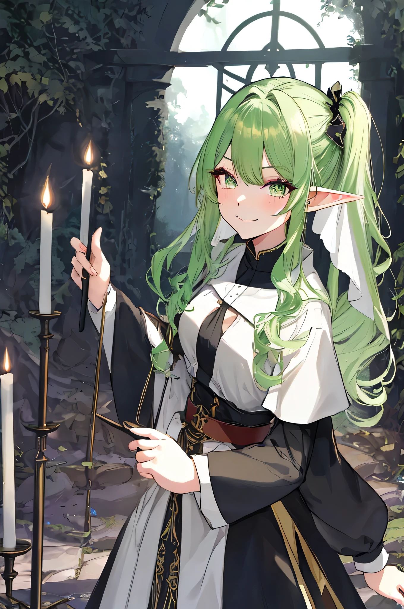 high quality, 4k, 8k, highres, HDR, UHD, masterpiece, ultra-detailed, a beautiful elf girl in a deep forest, extremely detailed face, light green hair,side ponytail,medium hair, furious expression, highly detailed, 8k, fantasy art, magical atmosphere, dark setting, demonic forest, glowing eyes, pointed ears, (nun costume), fantasy landscape,tsundere,Long eyelashes, Black eyeliner, Light gold eyeshadow,smile,